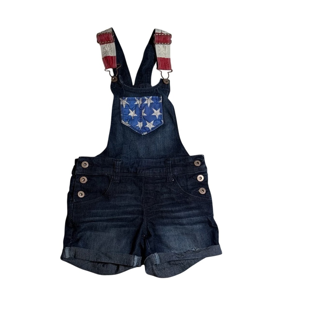 LEI‎ Denim Shortall Overalls Americana Stars Stripes Dark Wash Patriotic Small
